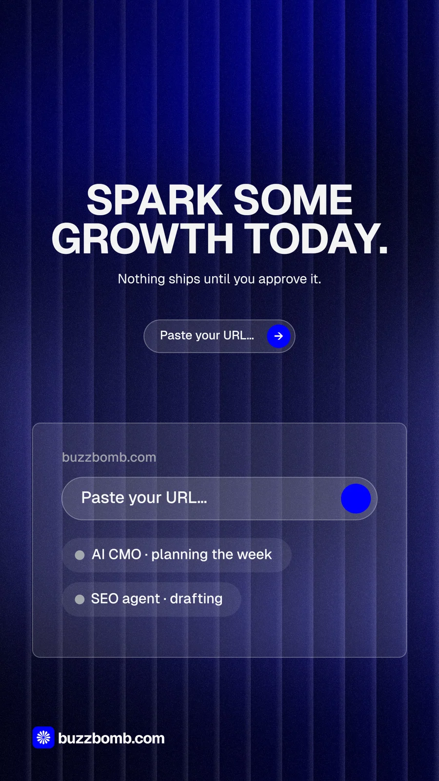 Instagram story for BuzzBomb: "Spark some growth today." Agentic glass style, centred layout, dark palette in black, blue, grey.