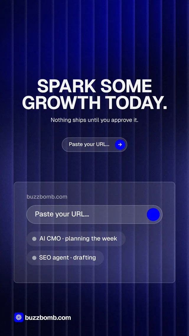 Instagram story for BuzzBomb: "Spark some growth today." Agentic glass style, centred layout, dark palette in black, blue, grey.