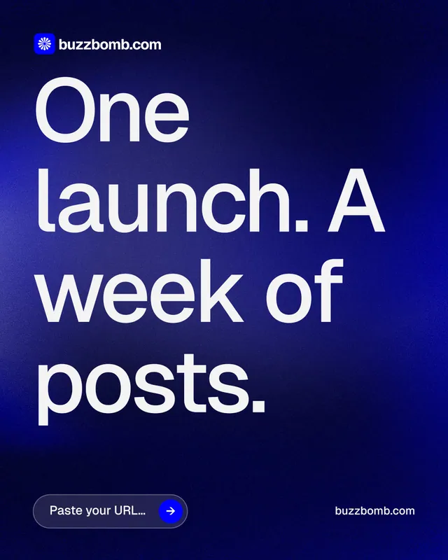 Instagram portrait post for BuzzBomb: "One launch. A week of posts." Agentic glass style, poster layout, dark palette in blue, black.