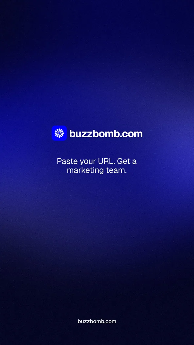 Instagram story for BuzzBomb: "Distribution, solved." Minimal luxury style, end card layout, dark palette in black, blue.
