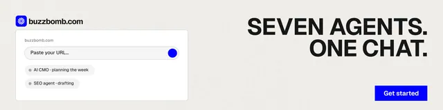 LinkedIn banner for BuzzBomb: "Seven agents. One chat." Swiss style, right layout, light palette in white, grey.