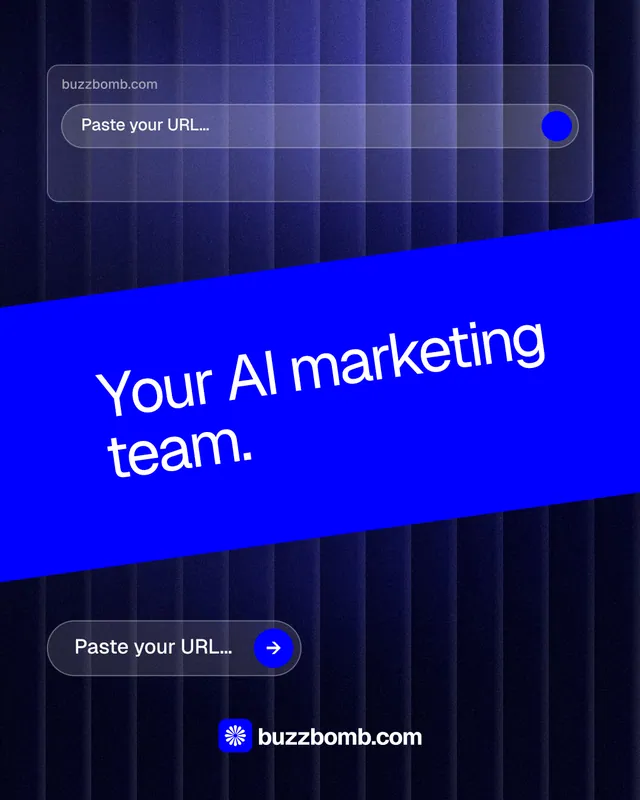 Instagram portrait post for BuzzBomb: "Your AI marketing team." Agentic glass style, diagonal layout, dark palette in black, blue.