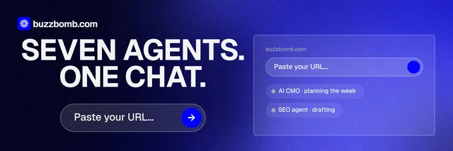 X header for BuzzBomb: "Seven agents. One chat." Agentic glass style, skeleton layout, dark palette in black, blue.