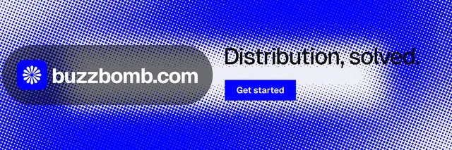 X header for BuzzBomb: "Distribution, solved." Split block style, logo hero layout, dark palette in blue.