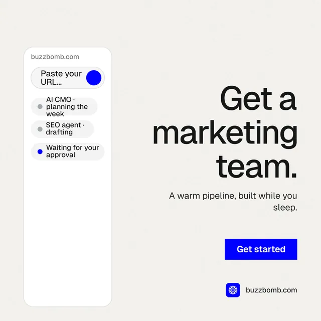 Instagram post for BuzzBomb: "Get a marketing team." Swiss style, right layout, light palette in white.