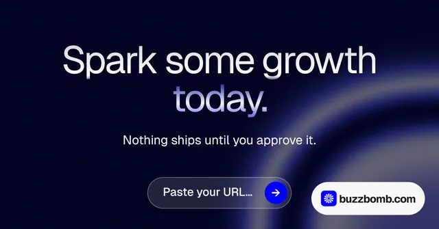 Social ad for BuzzBomb: "Spark some growth today." Agentic glass style, centred layout, dark palette in black, grey, blue.