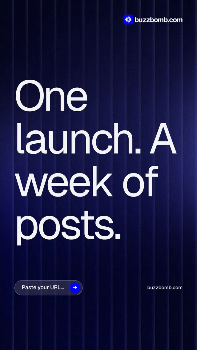 Instagram story for BuzzBomb: "One launch. A week of posts." Agentic glass style, poster layout, dark palette in black, blue, grey.