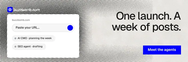 X header for BuzzBomb: "One launch. A week of posts." Swiss style, right layout, light palette in white, grey.
