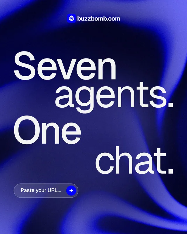 Instagram portrait post for BuzzBomb: "Seven agents. One chat." Agentic glass style, stacked layout, dark palette in black, blue.