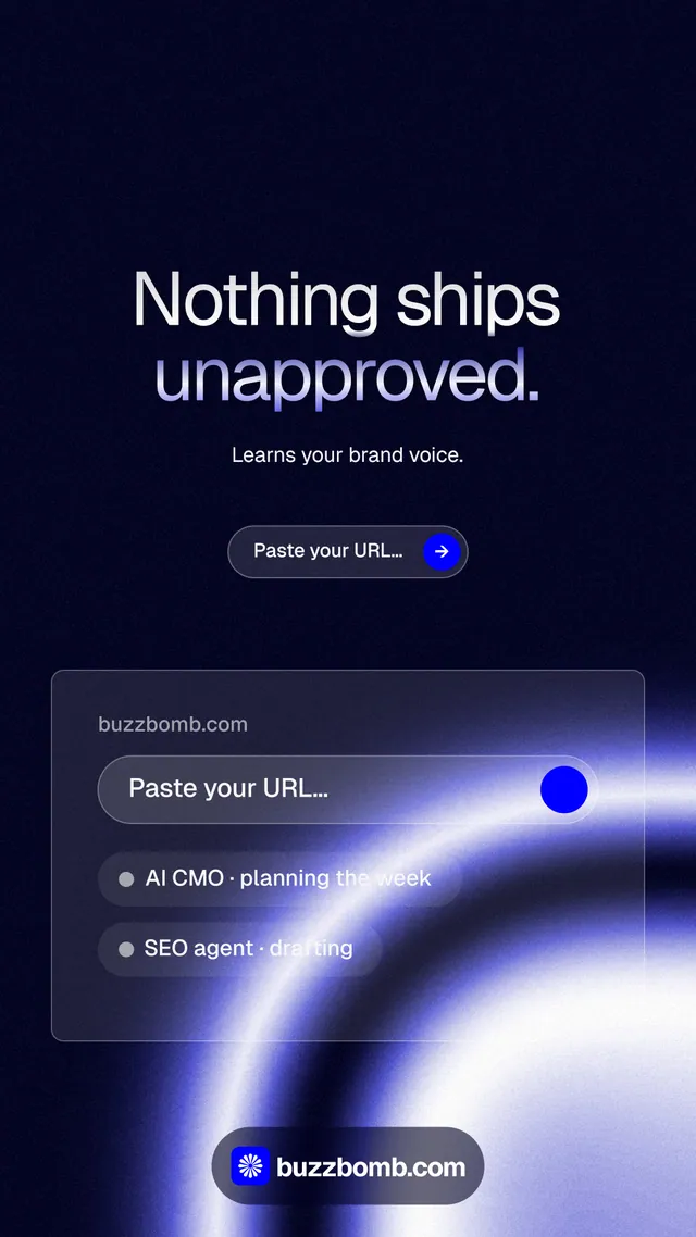 Instagram story for BuzzBomb: "Nothing ships unapproved." Agentic glass style, centred layout, dark palette in black, blue.