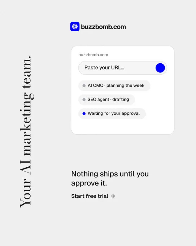 Instagram portrait post for BuzzBomb: "Your AI marketing team." Minimal luxury style, vertical layout, light palette in white.