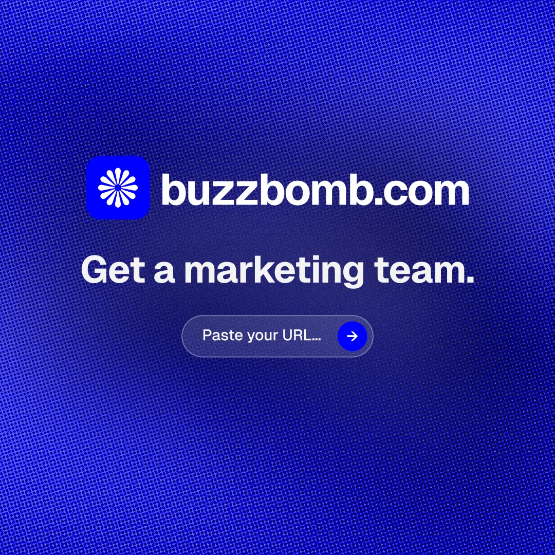 Instagram post for BuzzBomb: "Get a marketing team." Agentic glass style, logo hero layout, dark palette in blue.