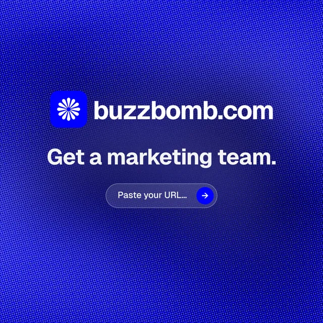 Instagram post for BuzzBomb: "Get a marketing team." Agentic glass style, logo hero layout, dark palette in blue.