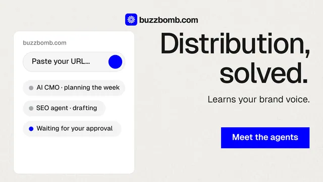 Landscape graphic for BuzzBomb: "Distribution, solved." Swiss style, right layout, light palette in white, blue.