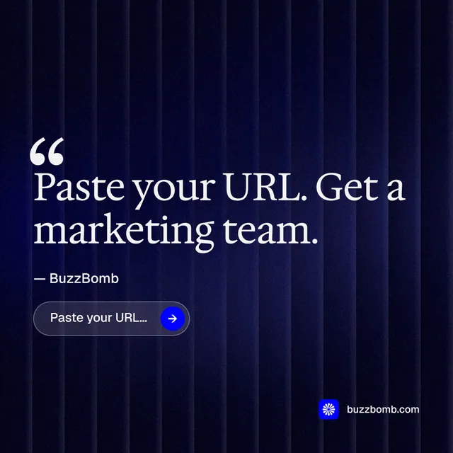 Instagram post for BuzzBomb: "Get a marketing team." Agentic glass style, quote layout, dark palette in black, blue.