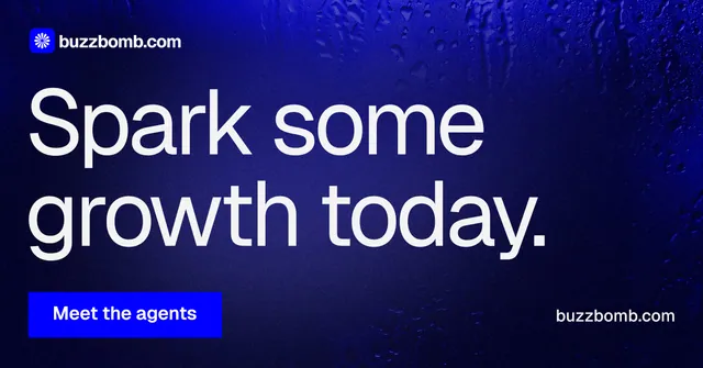 Social ad for BuzzBomb: "Spark some growth today." Swiss style, poster layout, dark palette in black, blue, grey.