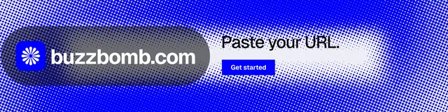 LinkedIn banner for BuzzBomb: "Paste your URL." Swiss style, logo hero layout, dark palette in blue.