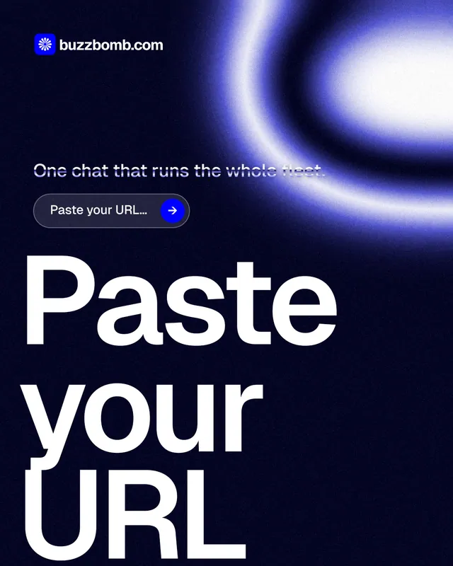 Instagram portrait post for BuzzBomb: "Paste your URL." Agentic glass style, oversized layout, dark palette in black, blue.