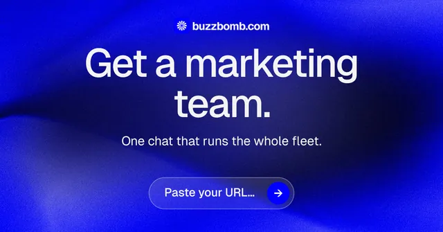 Social ad for BuzzBomb: "Get a marketing team." Agentic glass style, centred layout, dark palette in blue.
