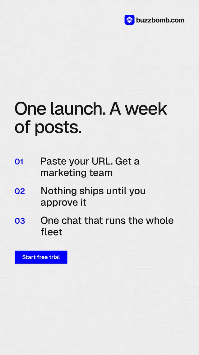 Instagram story for BuzzBomb: "One launch. A week of posts." Swiss style, numbered layout, light palette in white, grey.