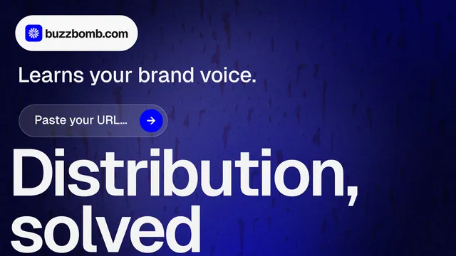 Landscape graphic for BuzzBomb: "Distribution, solved." Agentic glass style, oversized layout, dark palette in blue, black, white.