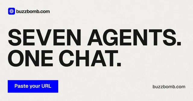 Social ad for BuzzBomb: "Seven agents. One chat." Swiss style, poster layout, light palette in white, grey.