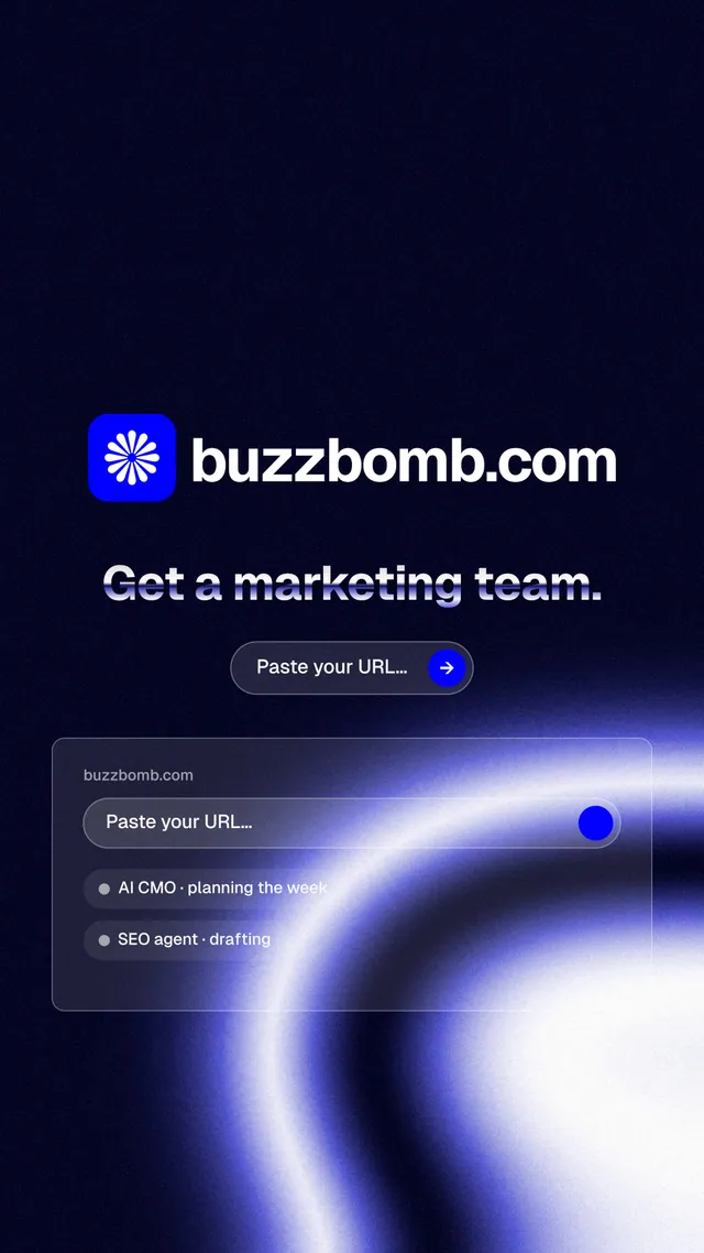 Instagram story for BuzzBomb: "Get a marketing team." Agentic glass style, logo hero layout, dark palette in black, blue.