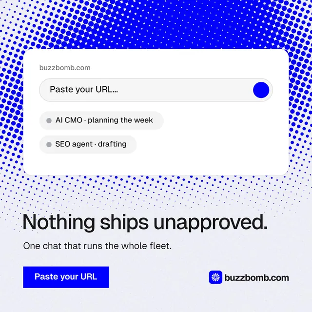 Instagram post for BuzzBomb: "Nothing ships unapproved." Swiss style, bottom layout, light palette in white, blue.