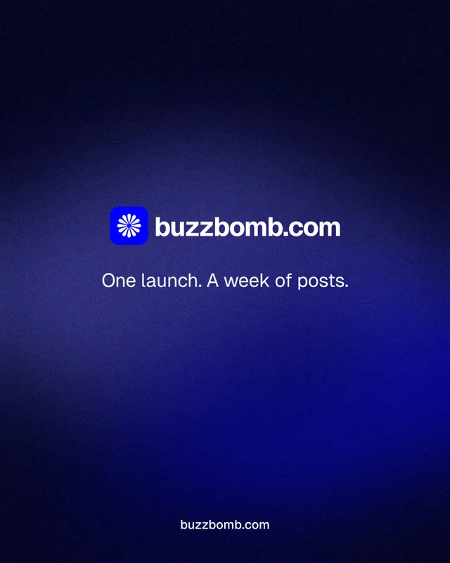 Instagram portrait post for BuzzBomb: "One launch. A week of posts." Swiss style, end card layout, dark palette in black, blue.