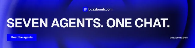 LinkedIn banner for BuzzBomb: "Seven agents. One chat." Swiss style, poster layout, dark palette in blue.