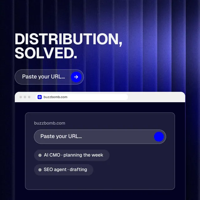 Instagram post for BuzzBomb: "Distribution, solved." Agentic glass style, browser layout, dark palette in blue, black.