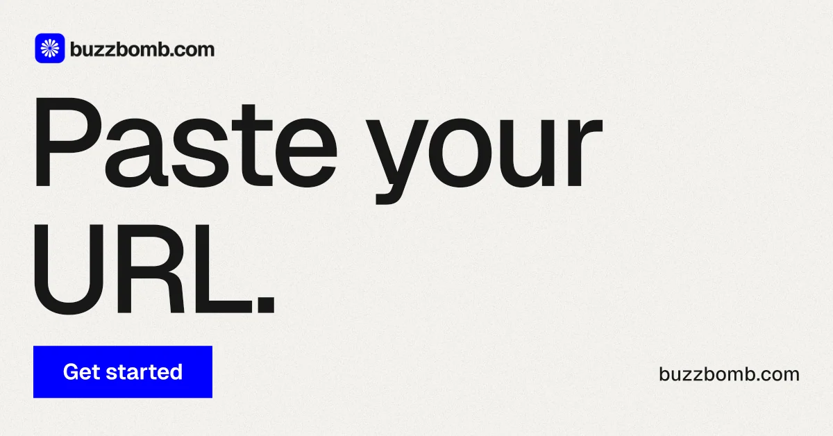 Social ad for BuzzBomb: "Paste your URL." Swiss style, poster layout, light palette in white, grey.