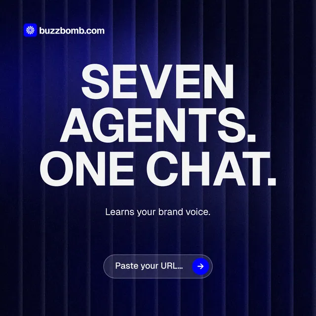 Instagram post for BuzzBomb: "Seven agents. One chat." Agentic glass style, centred layout, dark palette in black, blue, grey.