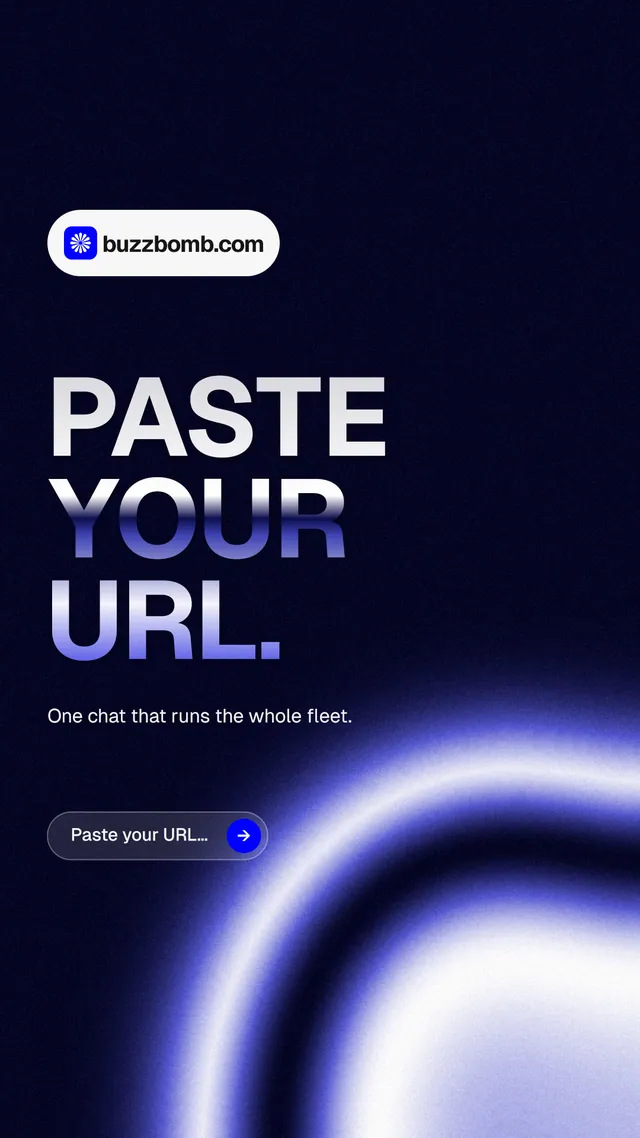 Instagram story for BuzzBomb: "Paste your URL." Agentic glass style, announce layout, dark palette in black, blue.