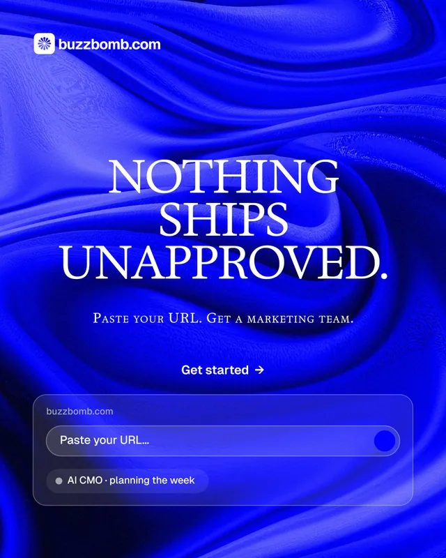 Instagram portrait post for BuzzBomb: "Nothing ships unapproved." Swiss style, smallcaps layout, dark palette in blue.