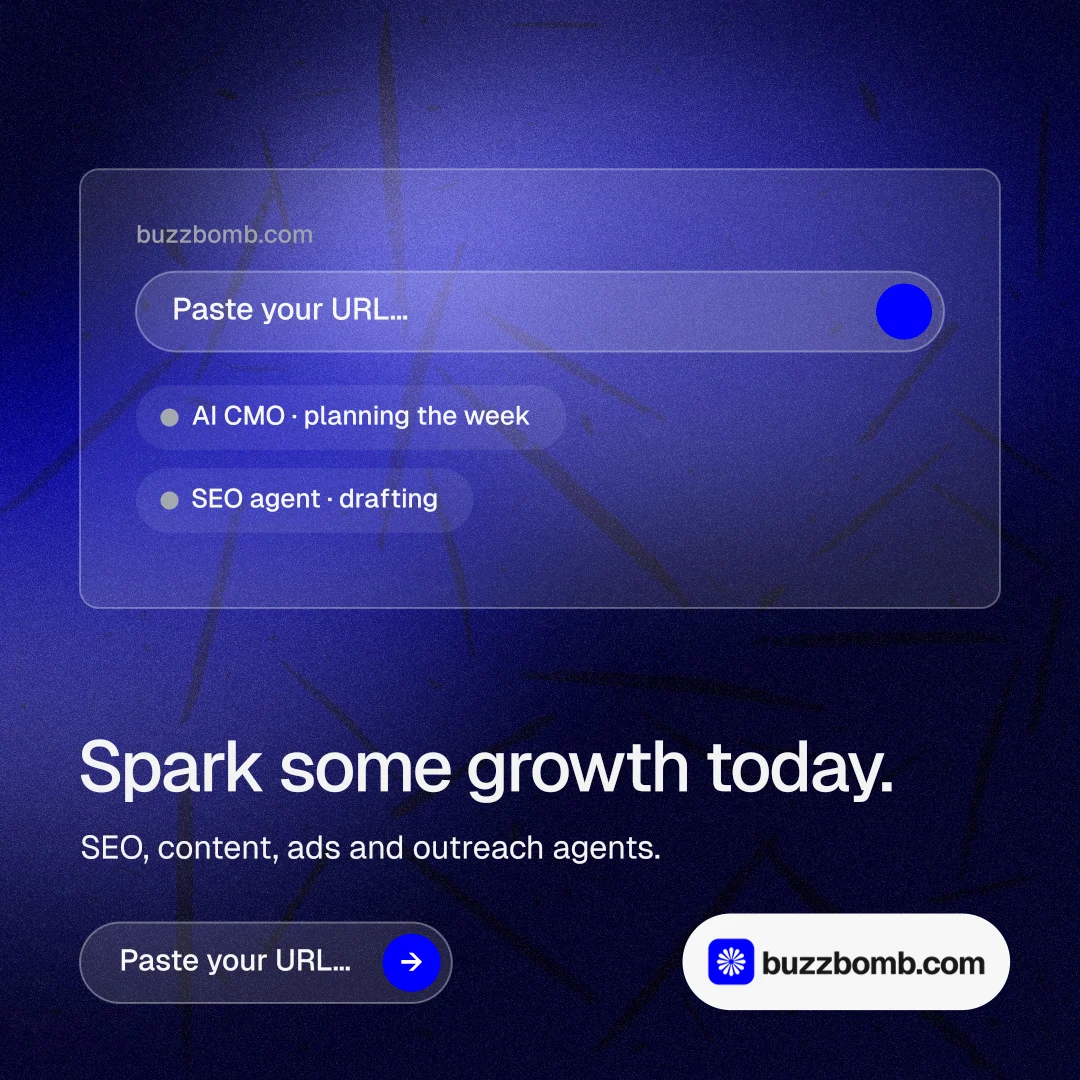 Instagram post for BuzzBomb: "Spark some growth today." Agentic glass style, bottom layout, dark palette in black, blue.