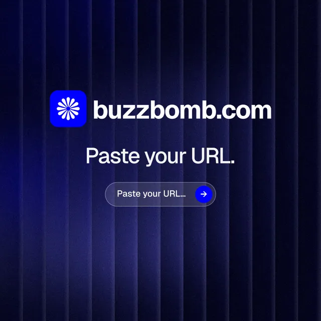 Instagram post for BuzzBomb: "Paste your URL." Agentic glass style, logo hero layout, dark palette in black, blue.