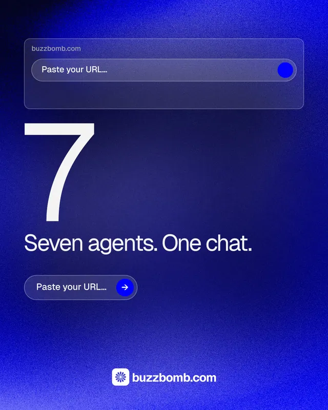 Instagram portrait post for BuzzBomb: "Seven agents. One chat." Agentic glass style, stat layout, dark palette in blue.