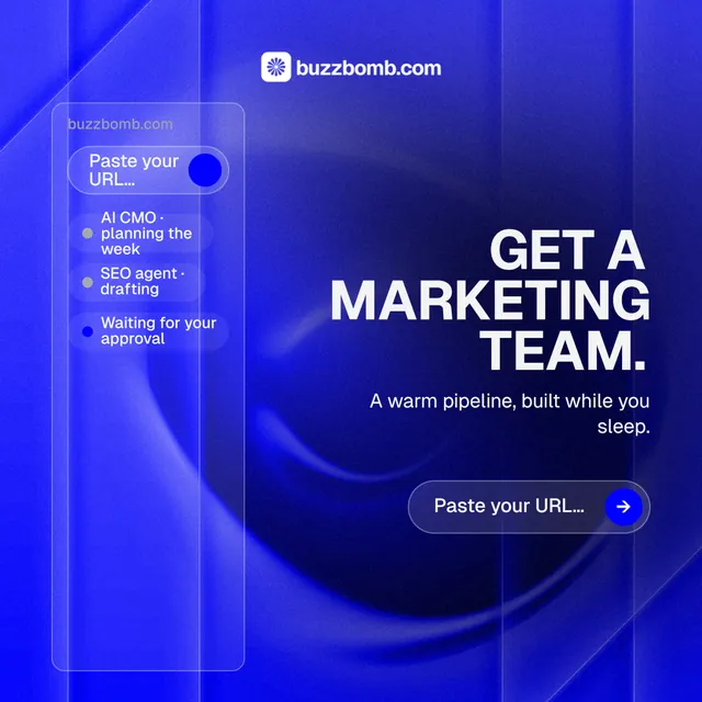 Instagram post for BuzzBomb: "Get a marketing team." Agentic glass style, right layout, dark palette in blue.