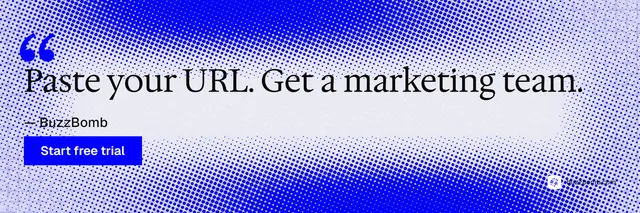 X header for BuzzBomb: "Your AI marketing team." Swiss style, quote layout, light palette in blue, white.