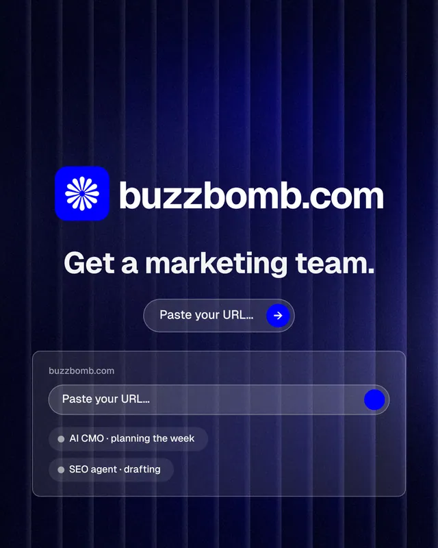 Instagram portrait post for BuzzBomb: "Get a marketing team." Agentic glass style, logo hero layout, dark palette in black, blue, grey.