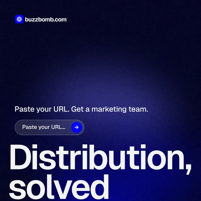 Instagram post for BuzzBomb: "Distribution, solved." Agentic glass style, oversized layout, dark palette in blue, black.