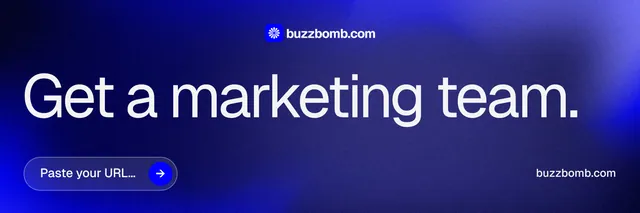 X header for BuzzBomb: "Get a marketing team." Agentic glass style, poster layout, dark palette in blue.