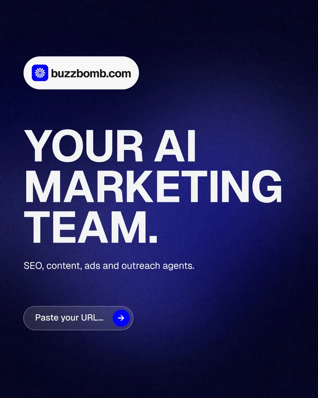 Instagram portrait post for BuzzBomb: "Your AI marketing team." Agentic glass style, announce layout, dark palette in black, blue, grey.