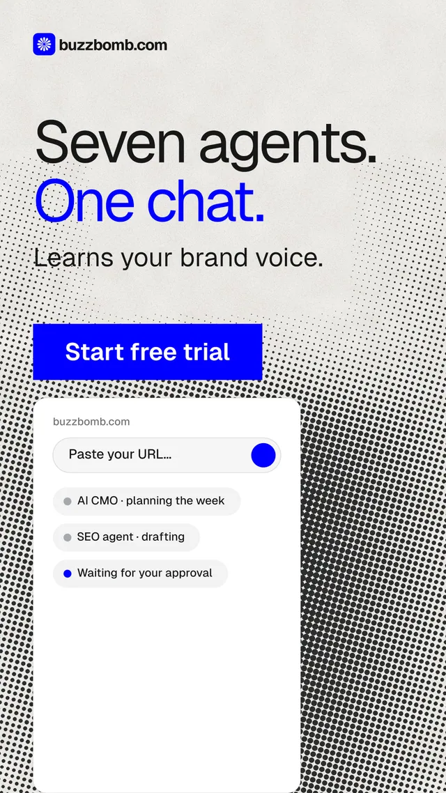 Instagram story for BuzzBomb: "Seven agents. One chat." Swiss style, skeleton layout, light palette in white, blue, grey.