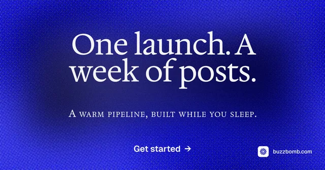 Social ad for BuzzBomb: "One launch. A week of posts." Agentic glass style, smallcaps layout, dark palette in blue.