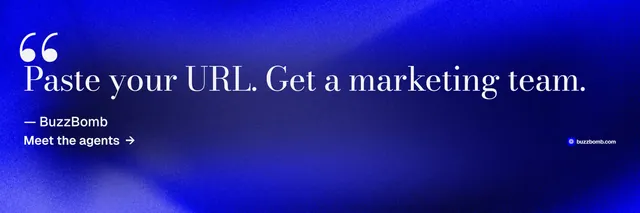 X header for BuzzBomb: "Your AI marketing team." Minimal luxury style, quote layout, dark palette in blue.