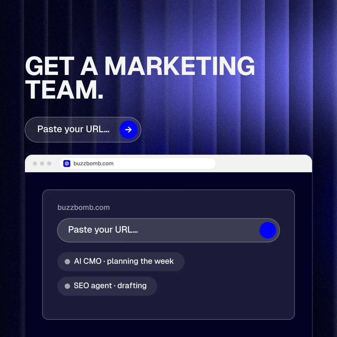 Instagram post for BuzzBomb: "Get a marketing team." Agentic glass style, browser layout, dark palette in blue, black.