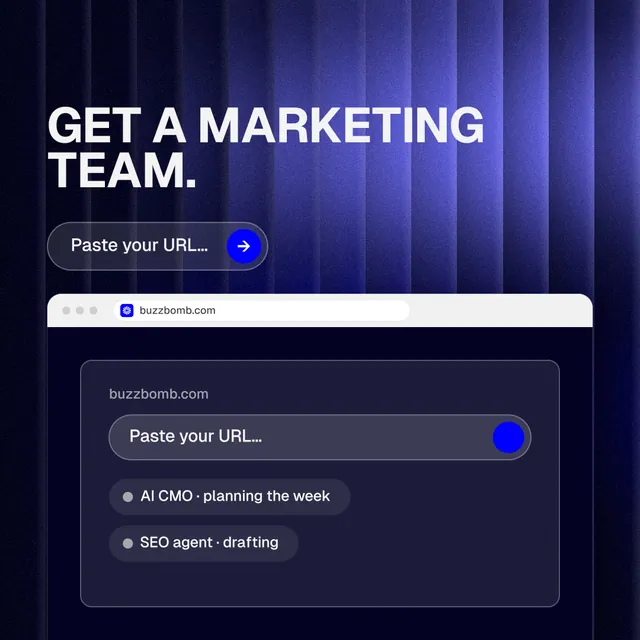 Instagram post for BuzzBomb: "Get a marketing team." Agentic glass style, browser layout, dark palette in blue, black.