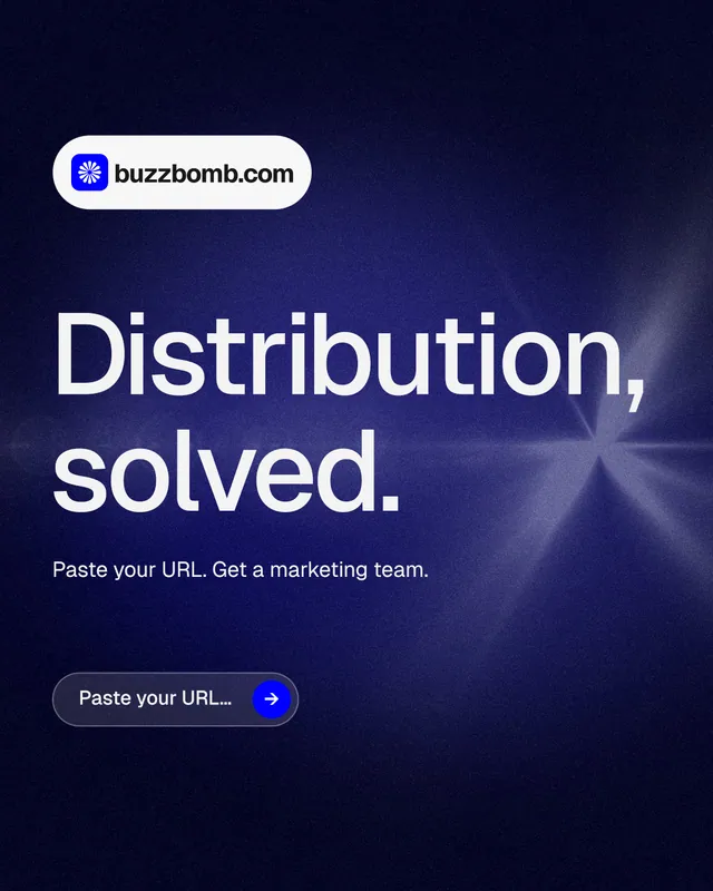 Instagram portrait post for BuzzBomb: "Distribution, solved." Agentic glass style, announce layout, dark palette in blue, black, grey.